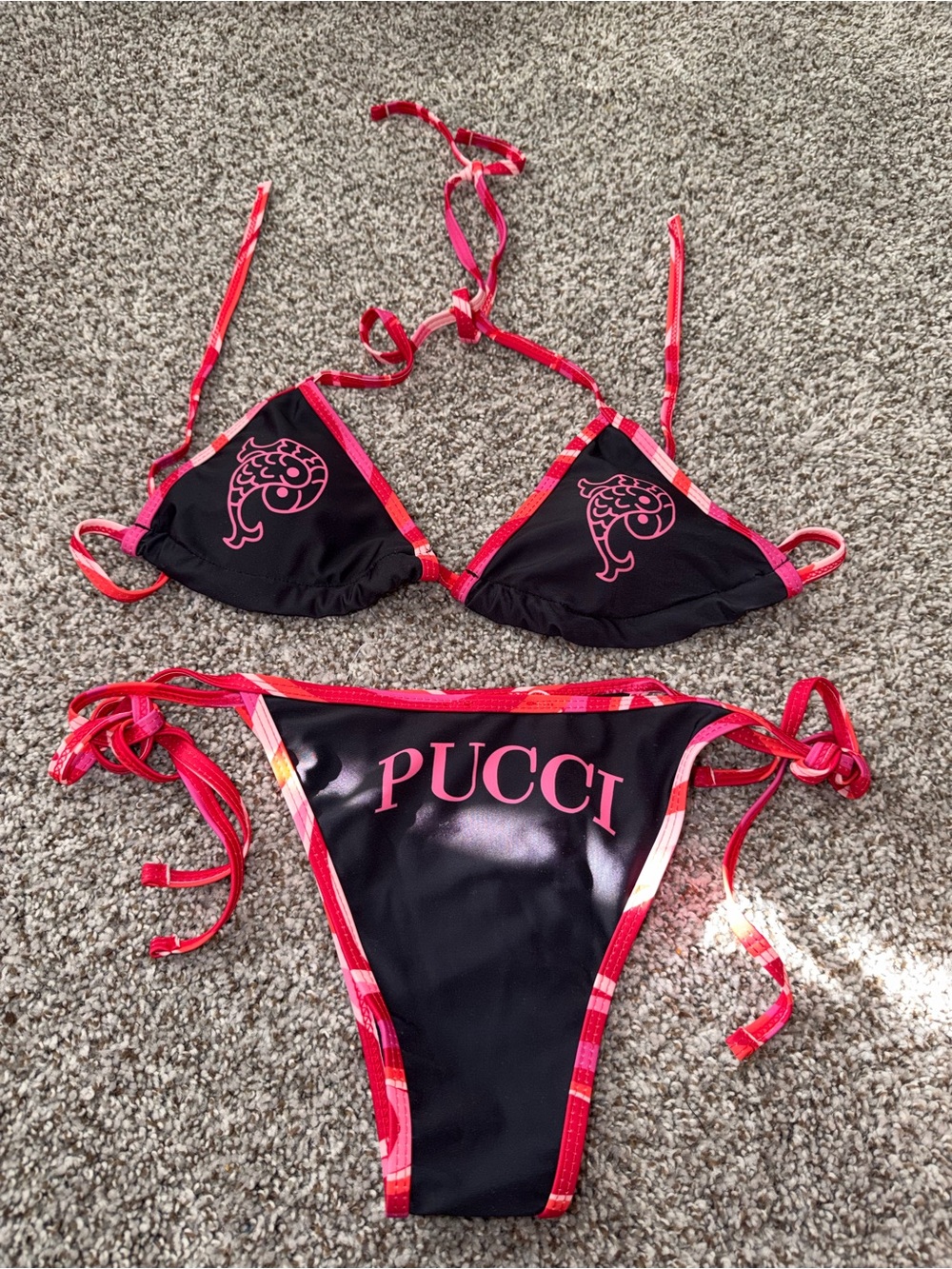 Emilio Pucci Black Bikini with Pink Logo and Trim